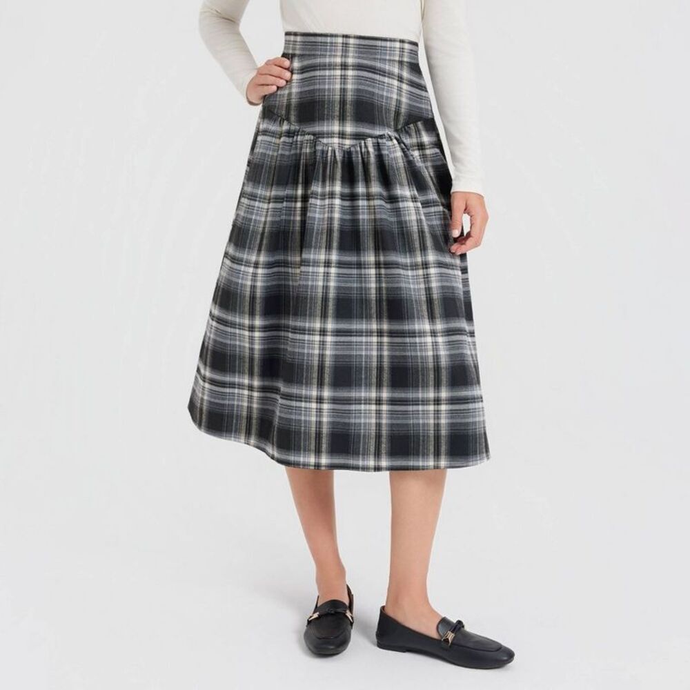 Women's Corduroy Dropped Waist Full Skirt - Universal Thread Black Plaid XS